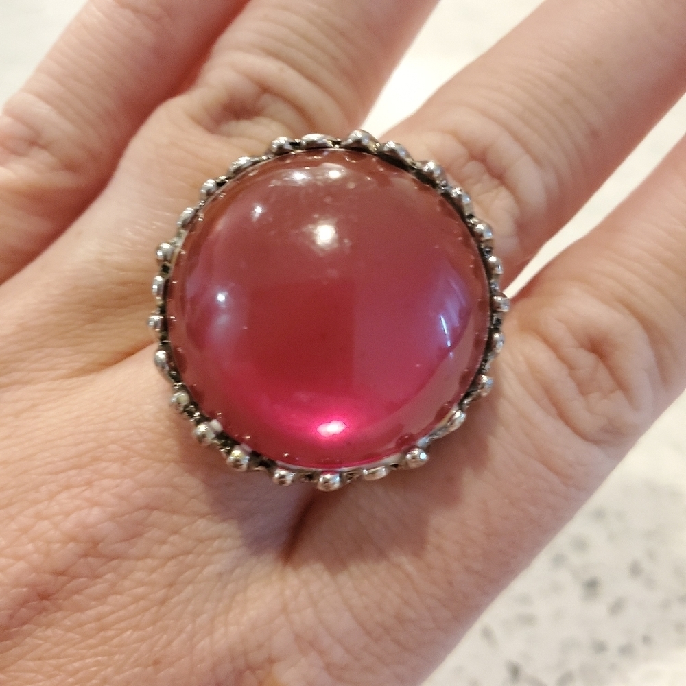 Large Magenta Pink Gem Statement Ring Silver Boho Tribal Casual Glam Preppy Work